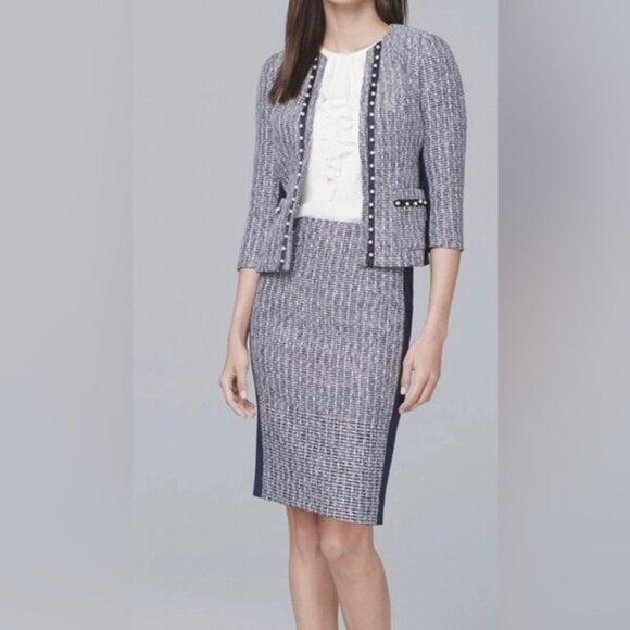 White House black market size 10 skirt suit blue Pearl ecru tweed skirt blazer - Picture 2 of 13